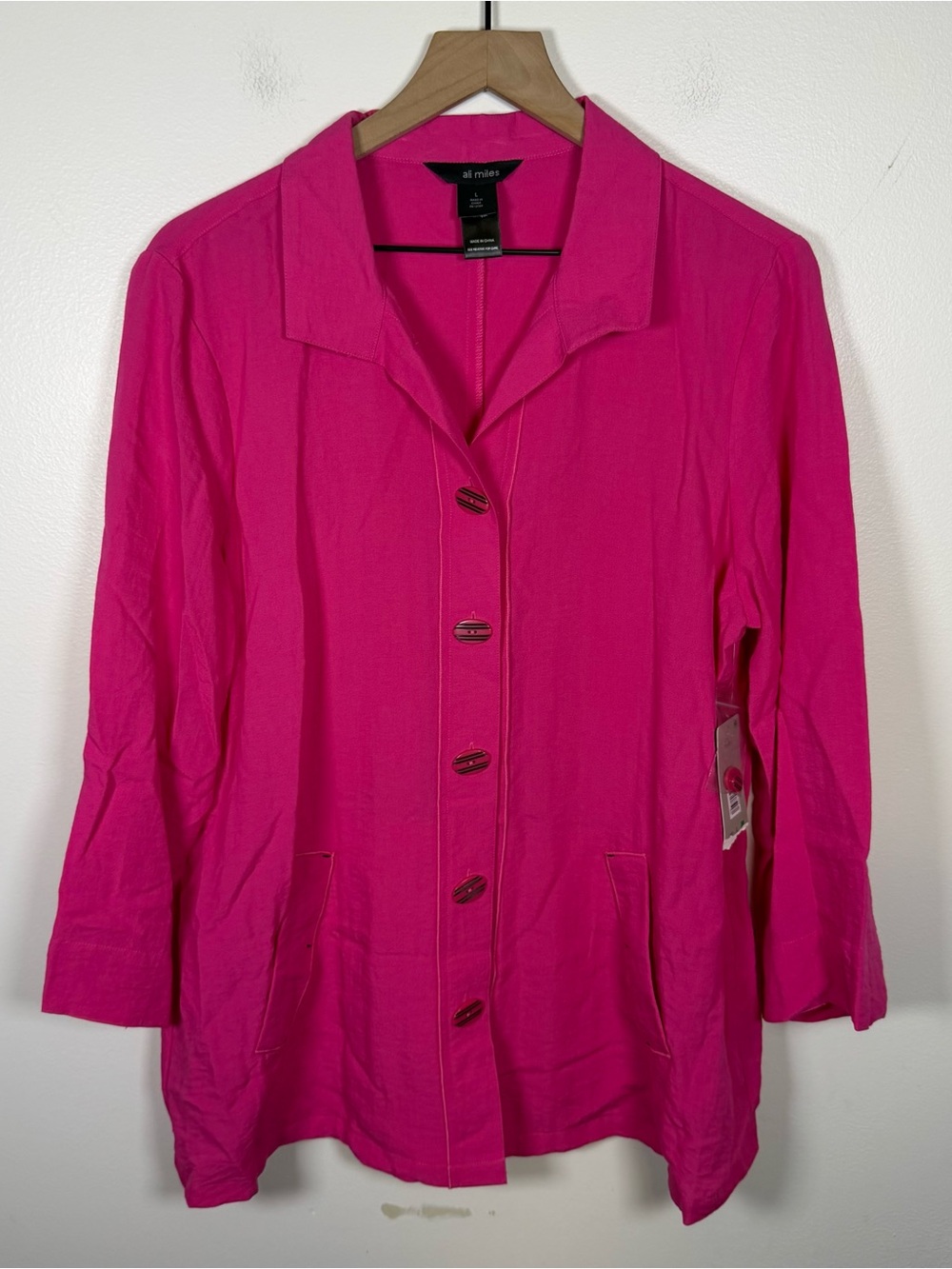 NWT Ali Miles Pink Button Up Blouse Size L Artsy Lagenlook Art To Wear Boho Chic - Picture 1 of 7